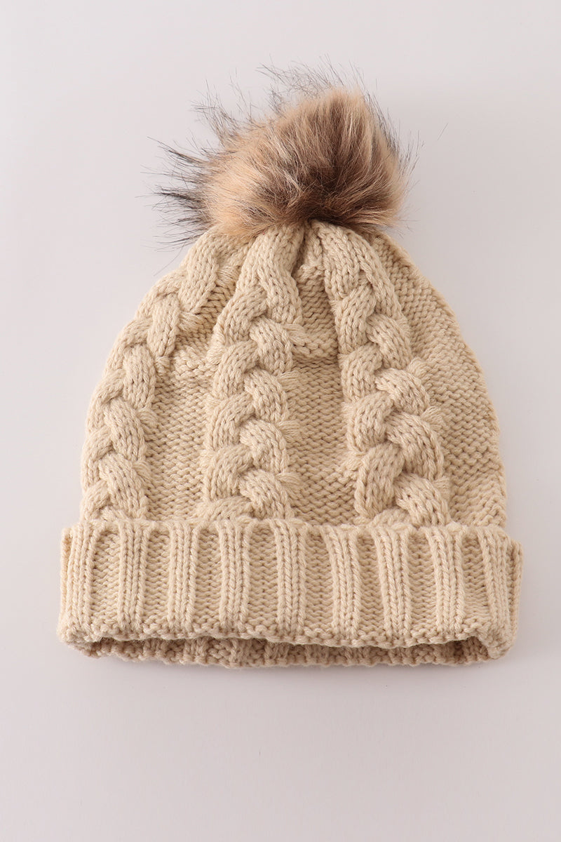 Beige pompom  cable beanie hat - 4