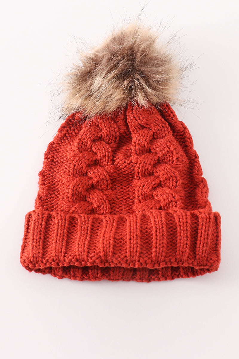Caramel pompom  cable beanie hat - 3