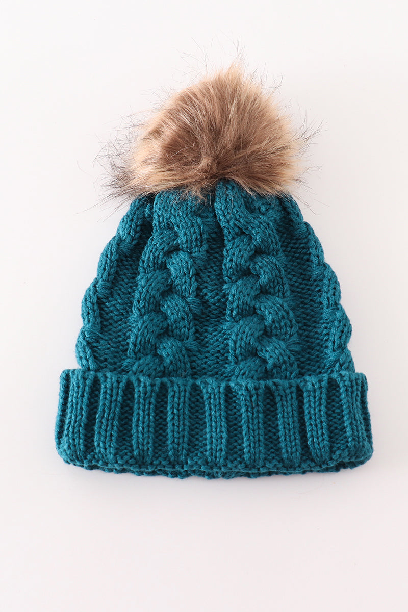 Teal pompom cable beanie hat - 3