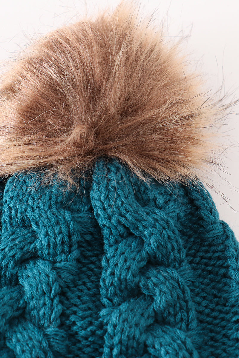 Teal pompom cable beanie hat - 5