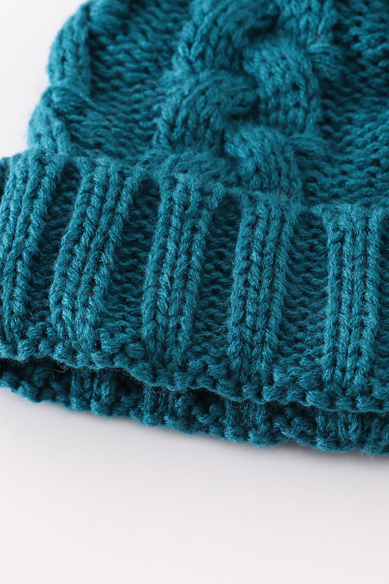 Teal pompom cable beanie hat - 6
