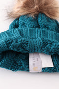 Teal pompom cable beanie hat - 7