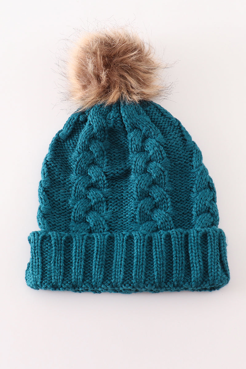Teal pompom cable beanie hat - 4