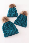 Teal pompom cable beanie hat - 1