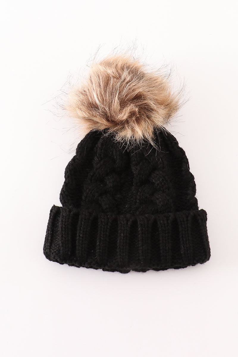 Black pompom cable beanie hat - 2