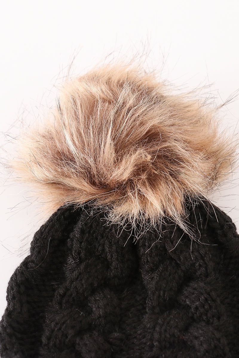 Black pompom cable beanie hat - 5