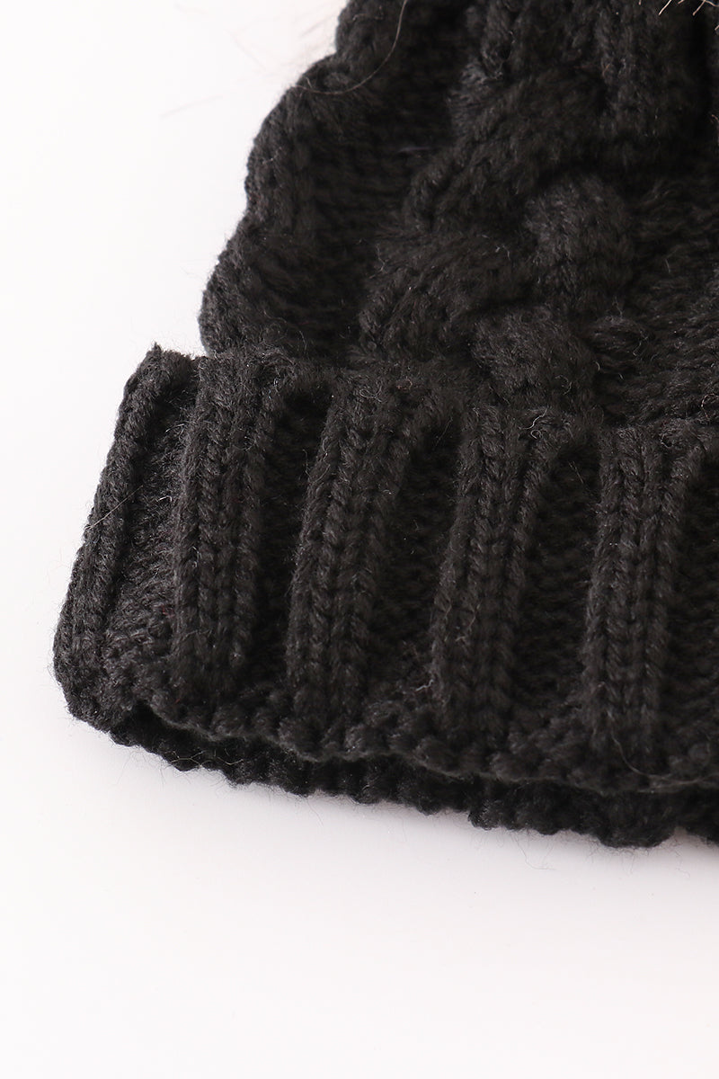 Black pompom cable beanie hat - 6