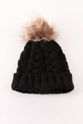 Black pompom cable beanie hat - 3