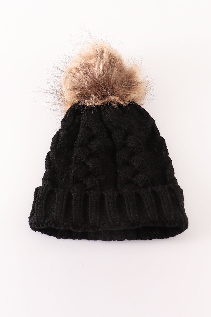 Black pompom cable beanie hat - 3