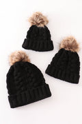 Black pompom cable beanie hat - 1