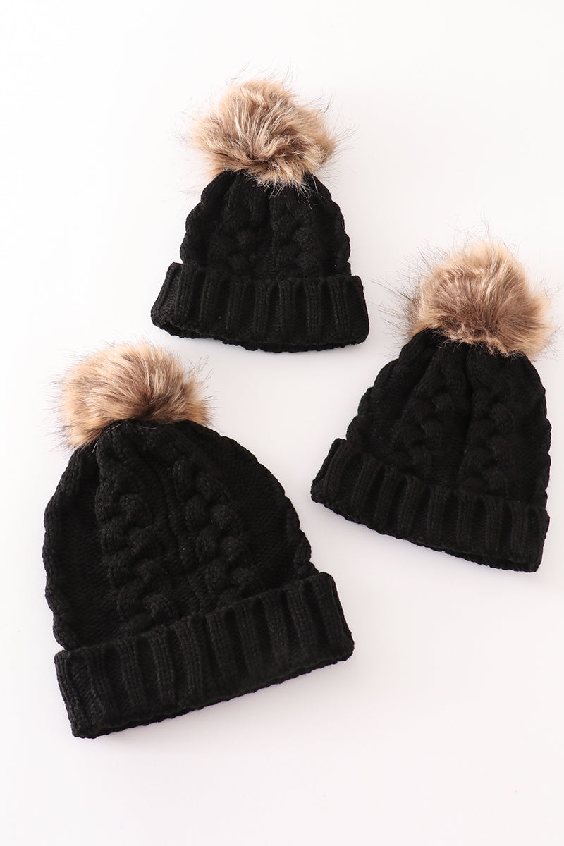 Black pompom cable beanie hat - 1