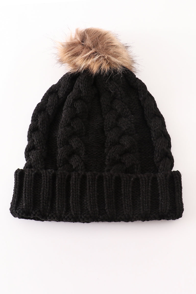 Black pompom cable beanie hat - 4