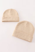 Beige ribbed basic knit beanie hat - 1