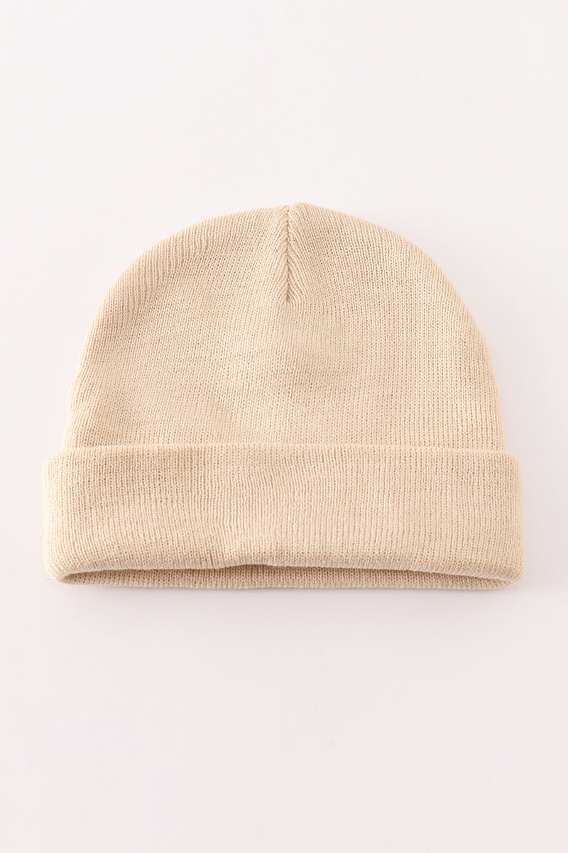Beige ribbed basic knit beanie hat - 2