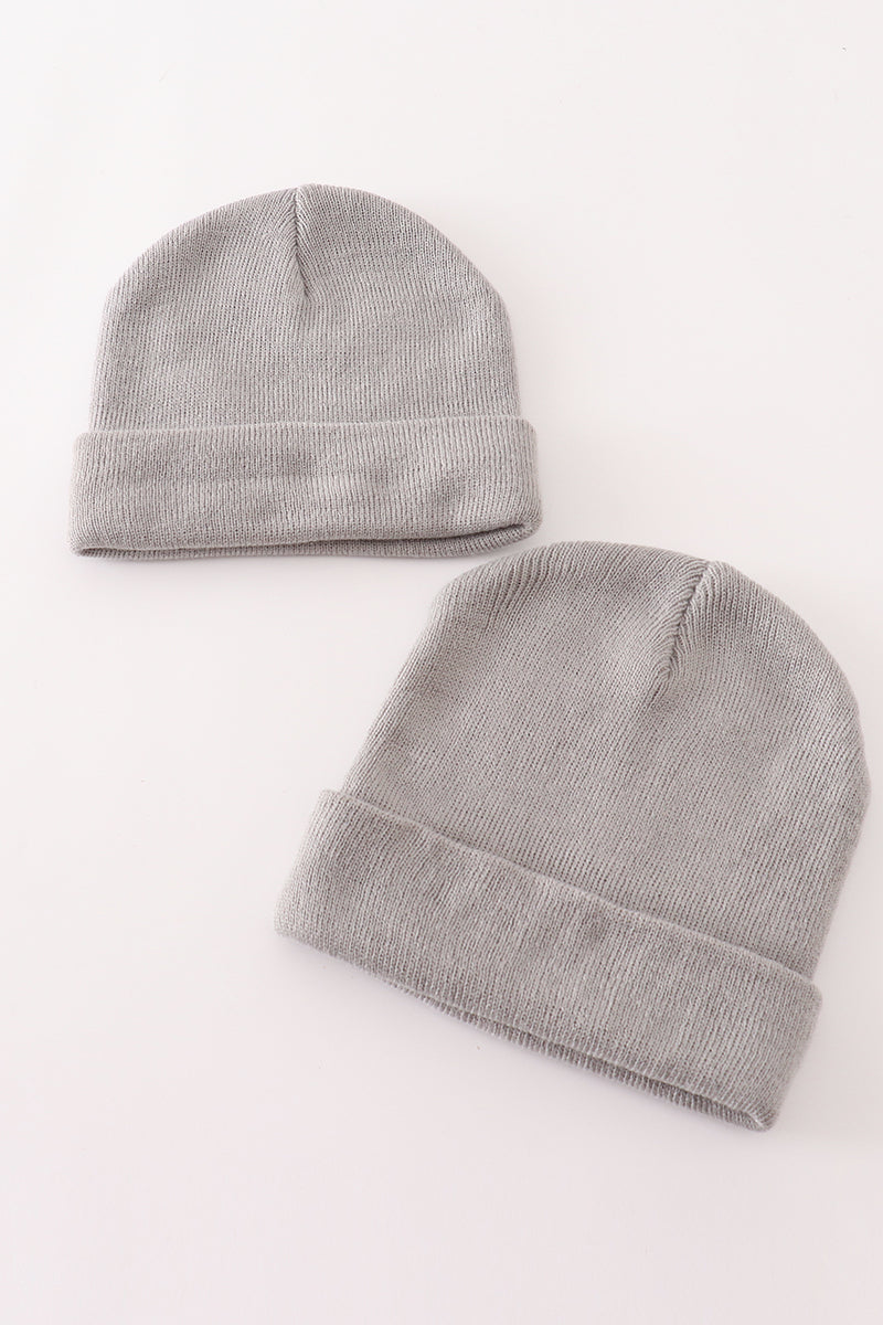 Grey ribbed basic knit beanie hat - 1