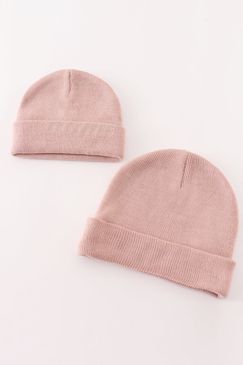 Pink ribbed basic knit beanie hat - 1