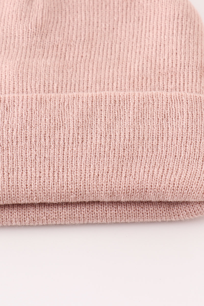Pink ribbed basic knit beanie hat - 3
