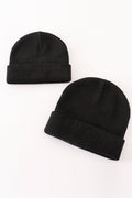 Black ribbed basic knit beanie hat - 1