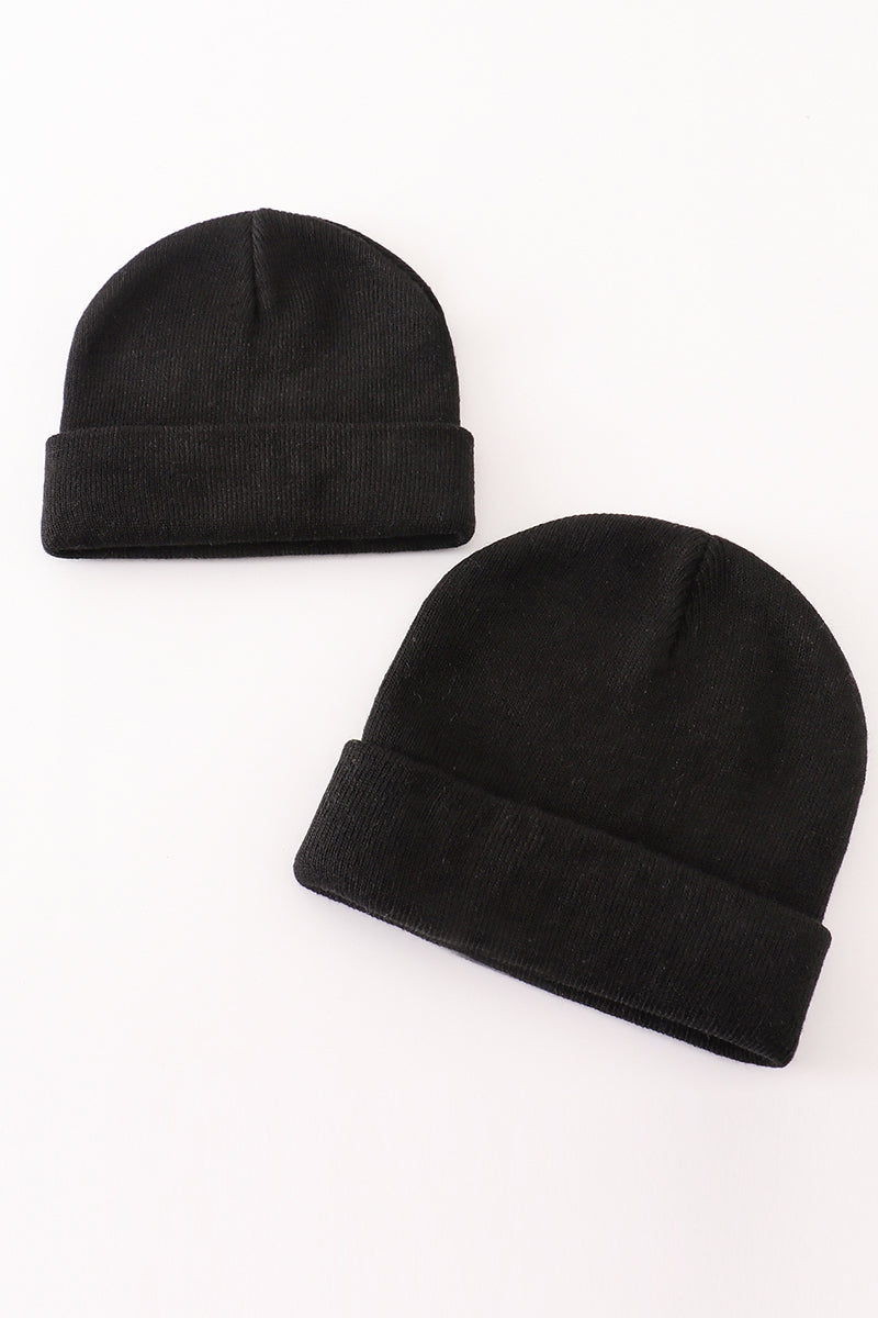 Black ribbed basic knit beanie hat - 1