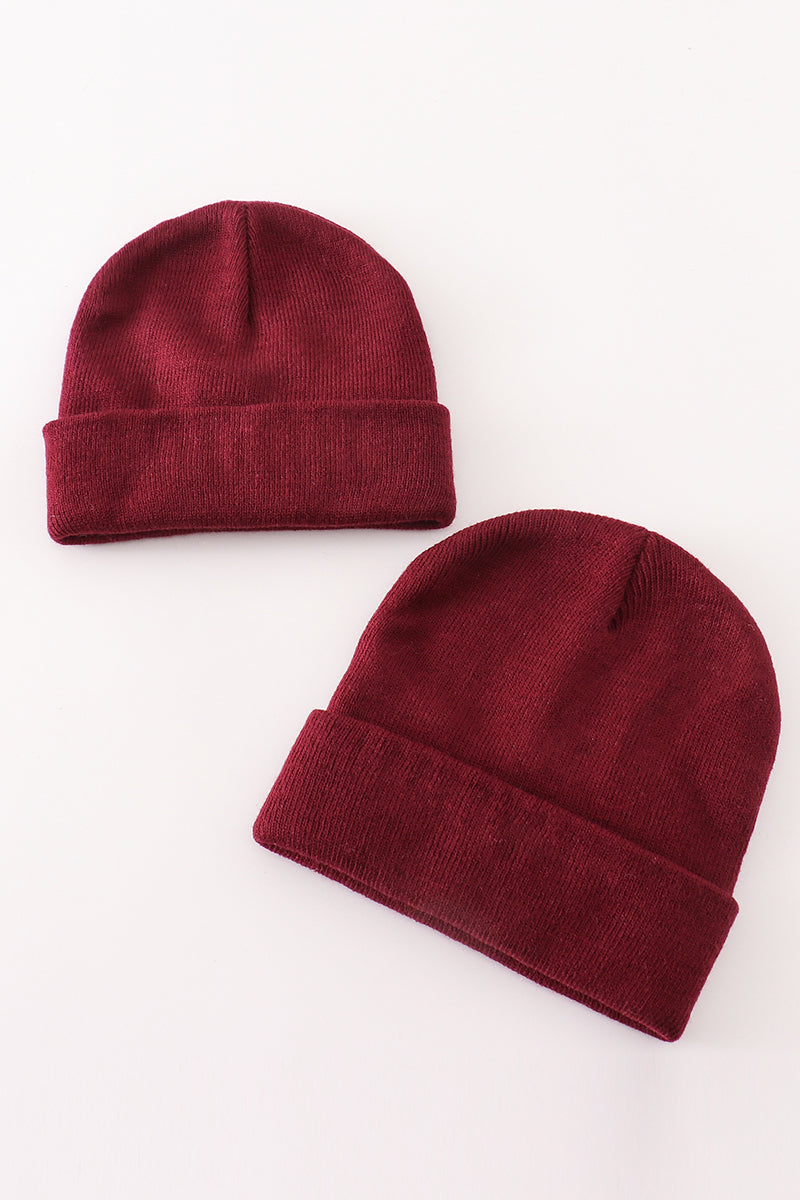 Burgundy ribbed basic knit beanie hat - 1