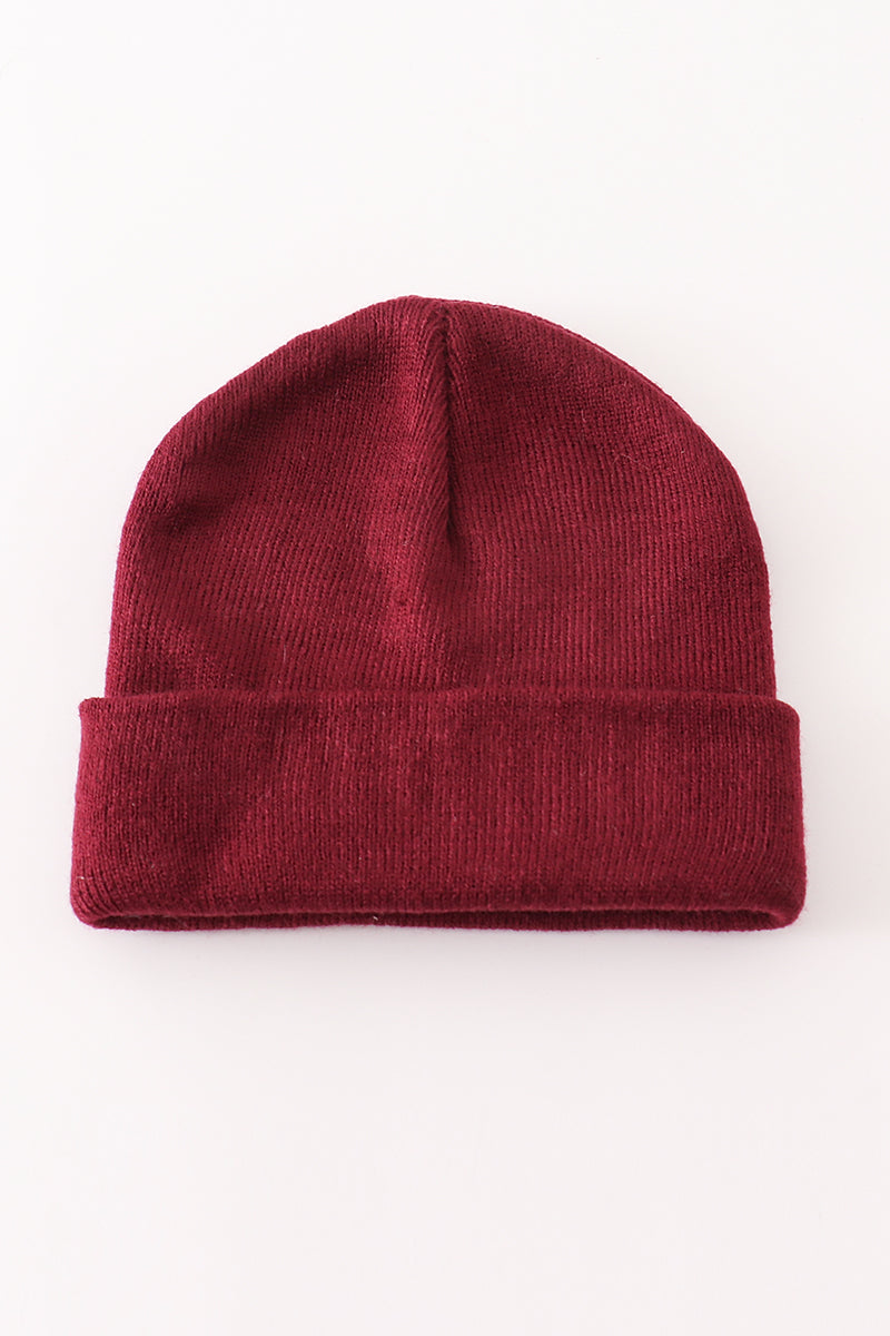 Burgundy ribbed basic knit beanie hat - 2