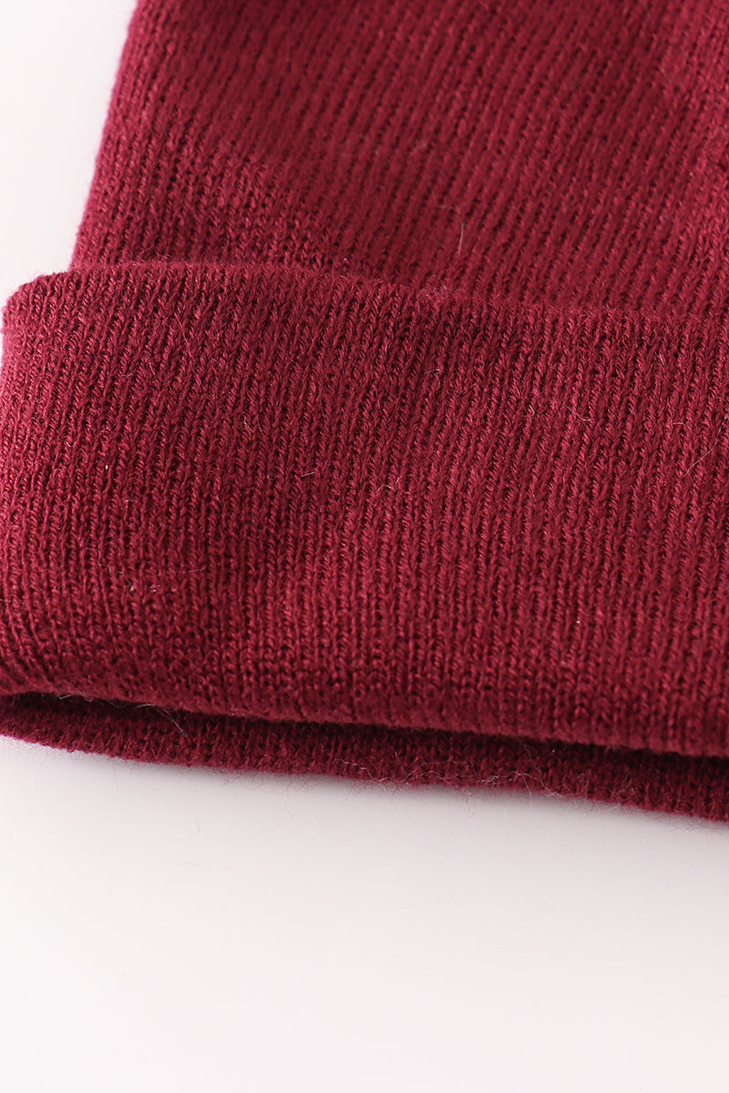 Burgundy ribbed basic knit beanie hat - 3
