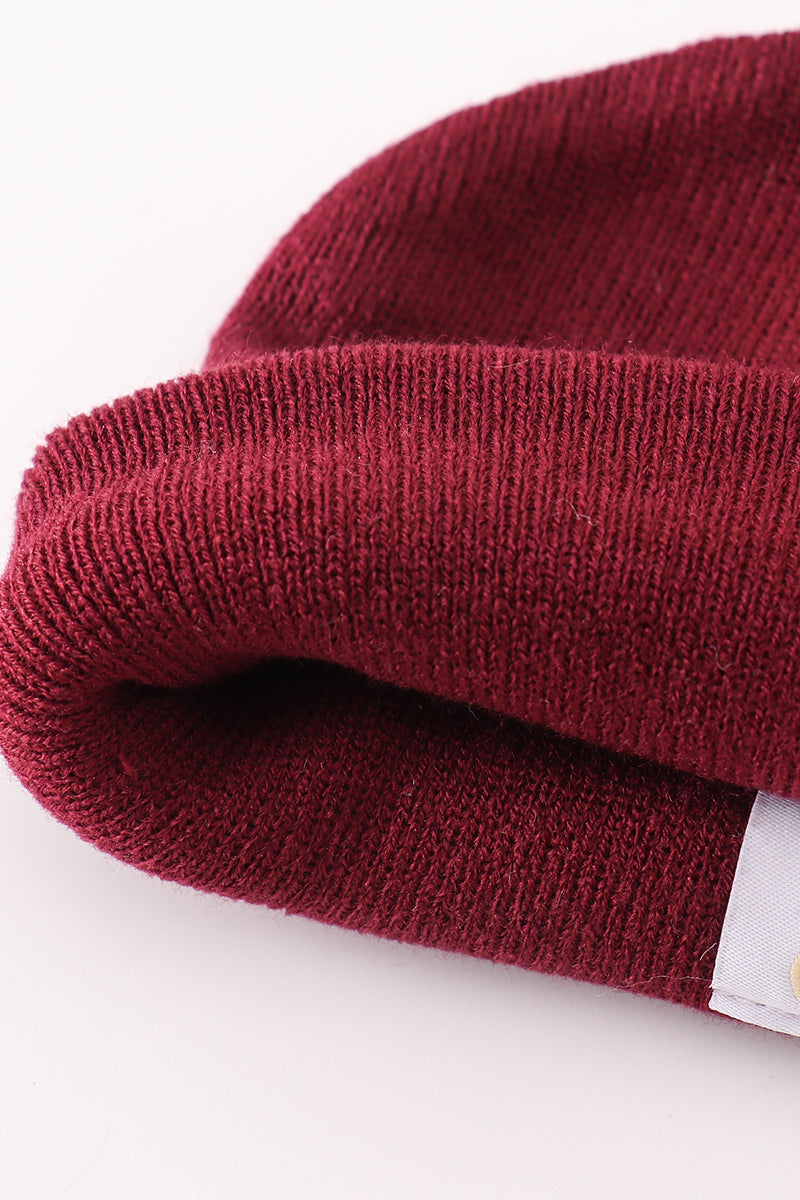 Burgundy ribbed basic knit beanie hat - 4