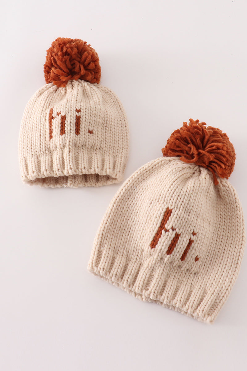 Beige pompom hi cable beanie hat - 1