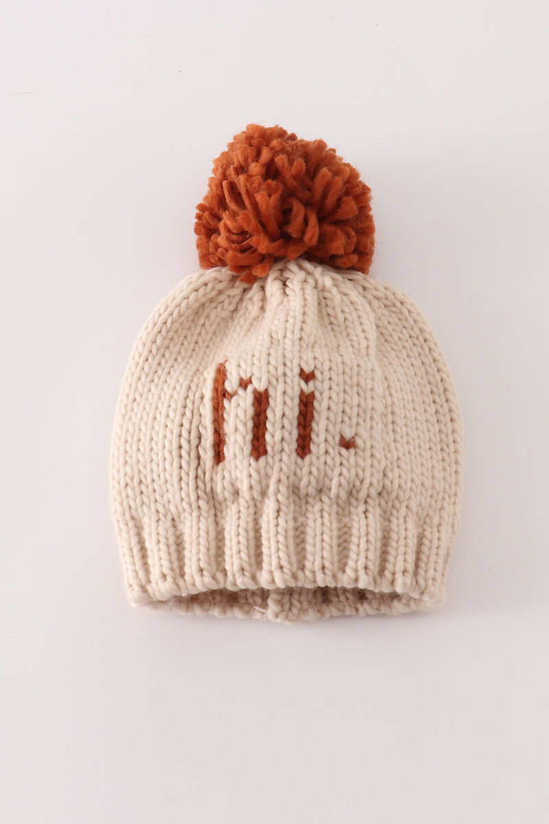 Beige pompom hi cable beanie hat - 2