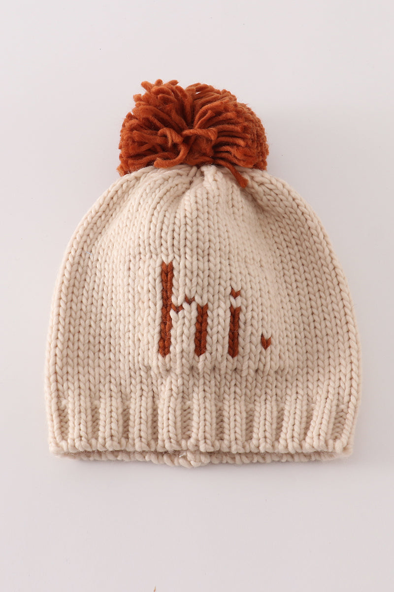 Beige pompom hi cable beanie hat - 3
