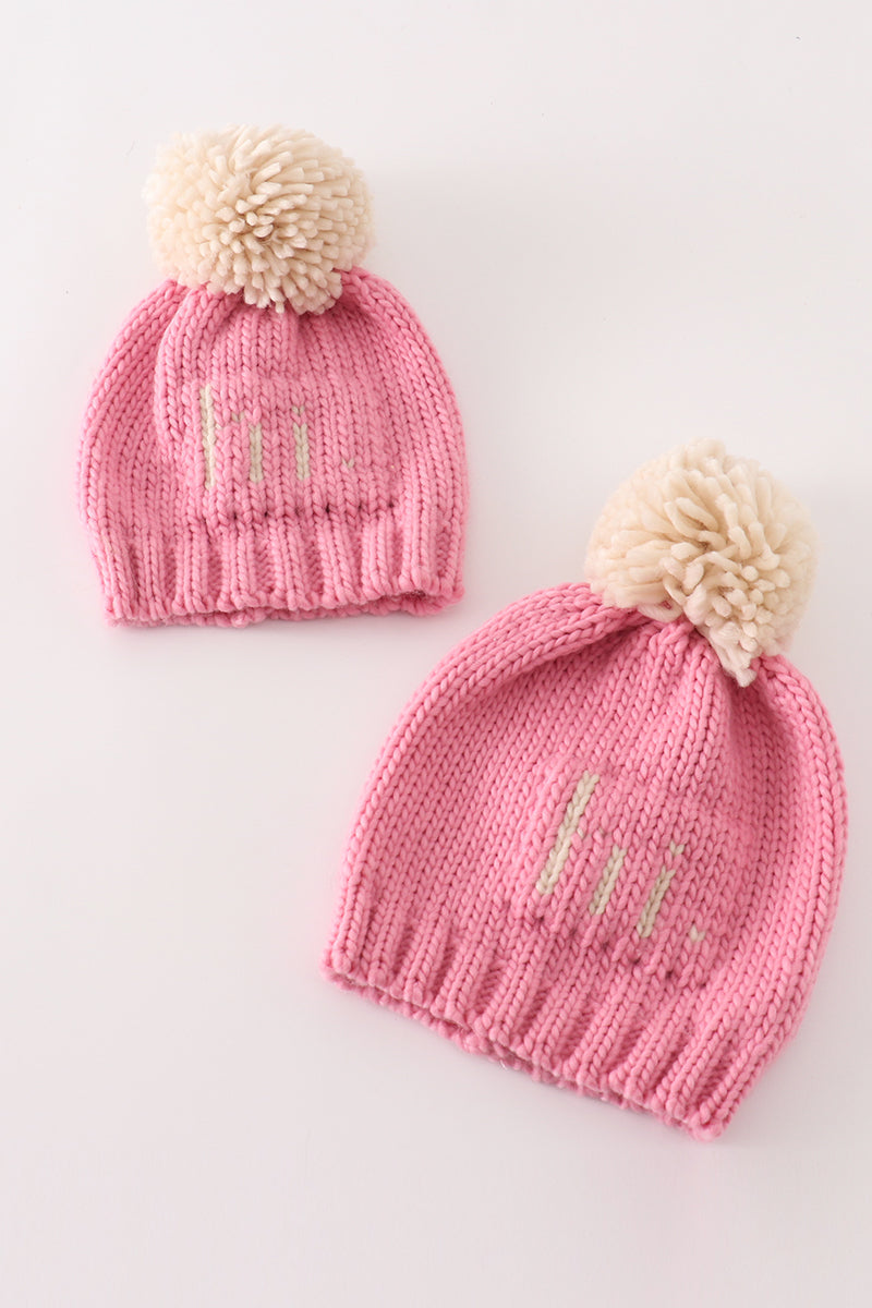 Pink pompom hi cable beanie hat - 1