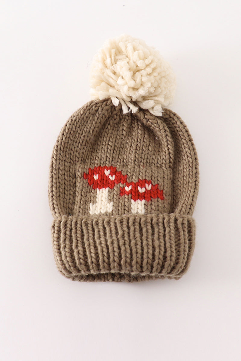 Brown pompom mushroom cable beanie hat - 2
