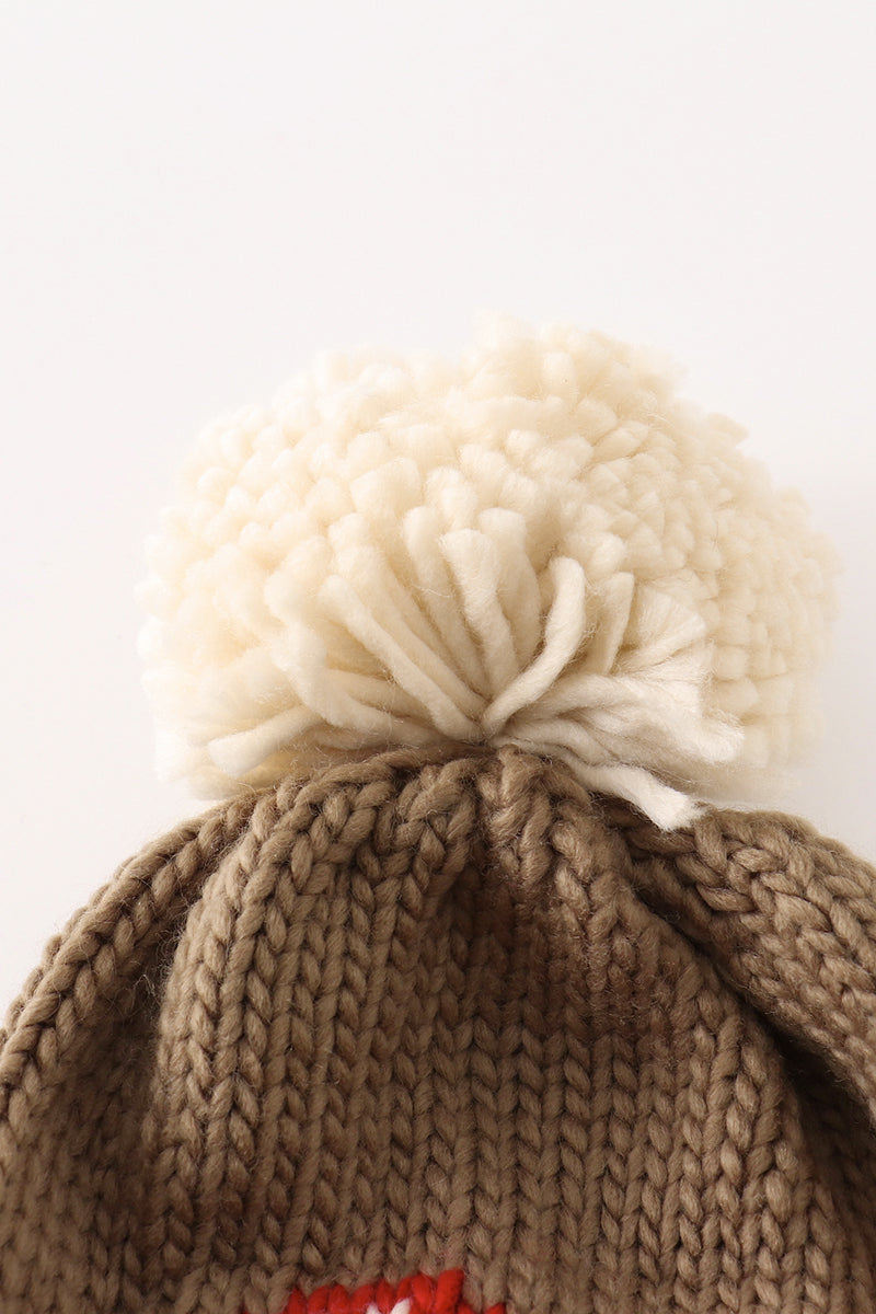 Brown pompom mushroom cable beanie hat - 4