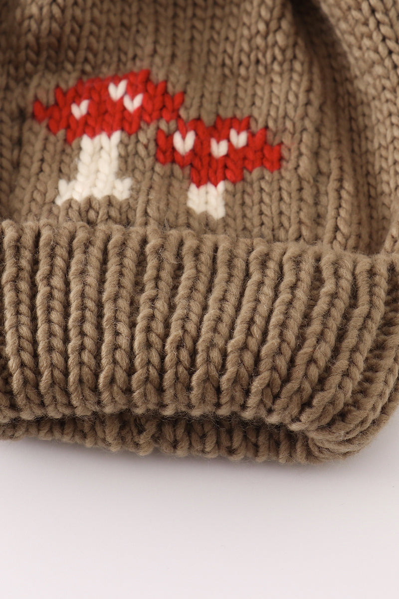 Brown pompom mushroom cable beanie hat - 5
