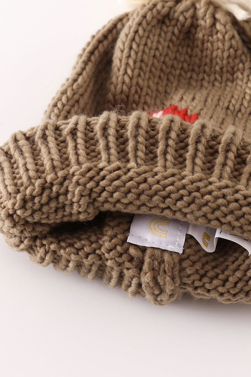 Brown pompom mushroom cable beanie hat - 7