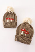 Brown pompom mushroom cable beanie hat - 1