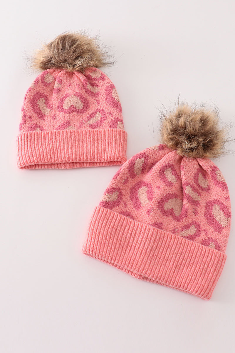 Pink pompom leopard cable beanie hat - 1