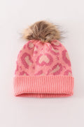 Pink pompom leopard cable beanie hat - 2