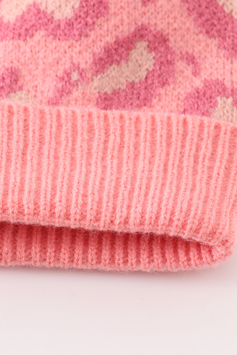 Pink pompom leopard cable beanie hat - 5
