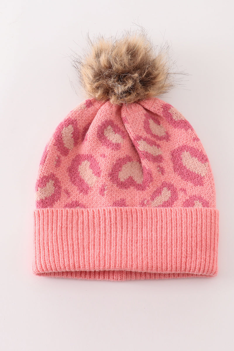 Pink pompom leopard cable beanie hat - 3