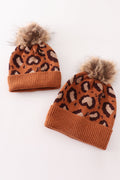 Brown pompom leopard cable beanie hat - 1