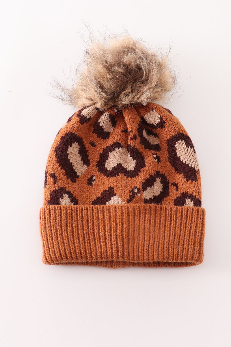 Brown pompom leopard cable beanie hat - 2