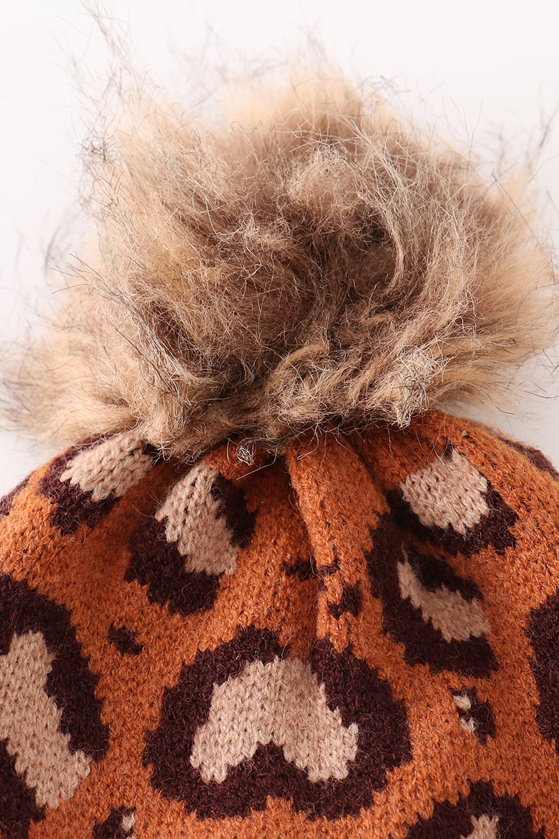 Brown pompom leopard cable beanie hat - 4