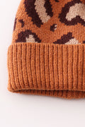 Brown pompom leopard cable beanie hat - 5
