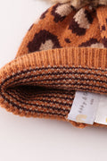 Brown pompom leopard cable beanie hat - 6