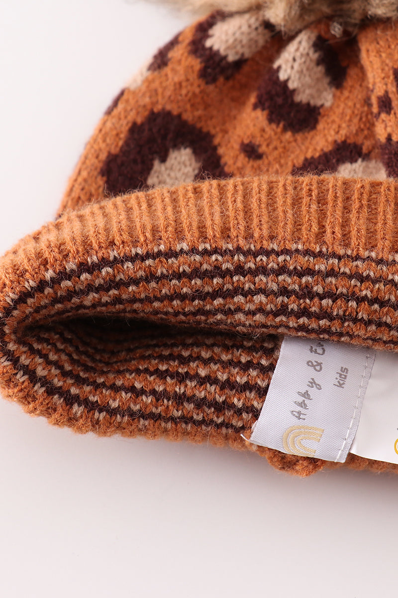 Brown pompom leopard cable beanie hat - 6