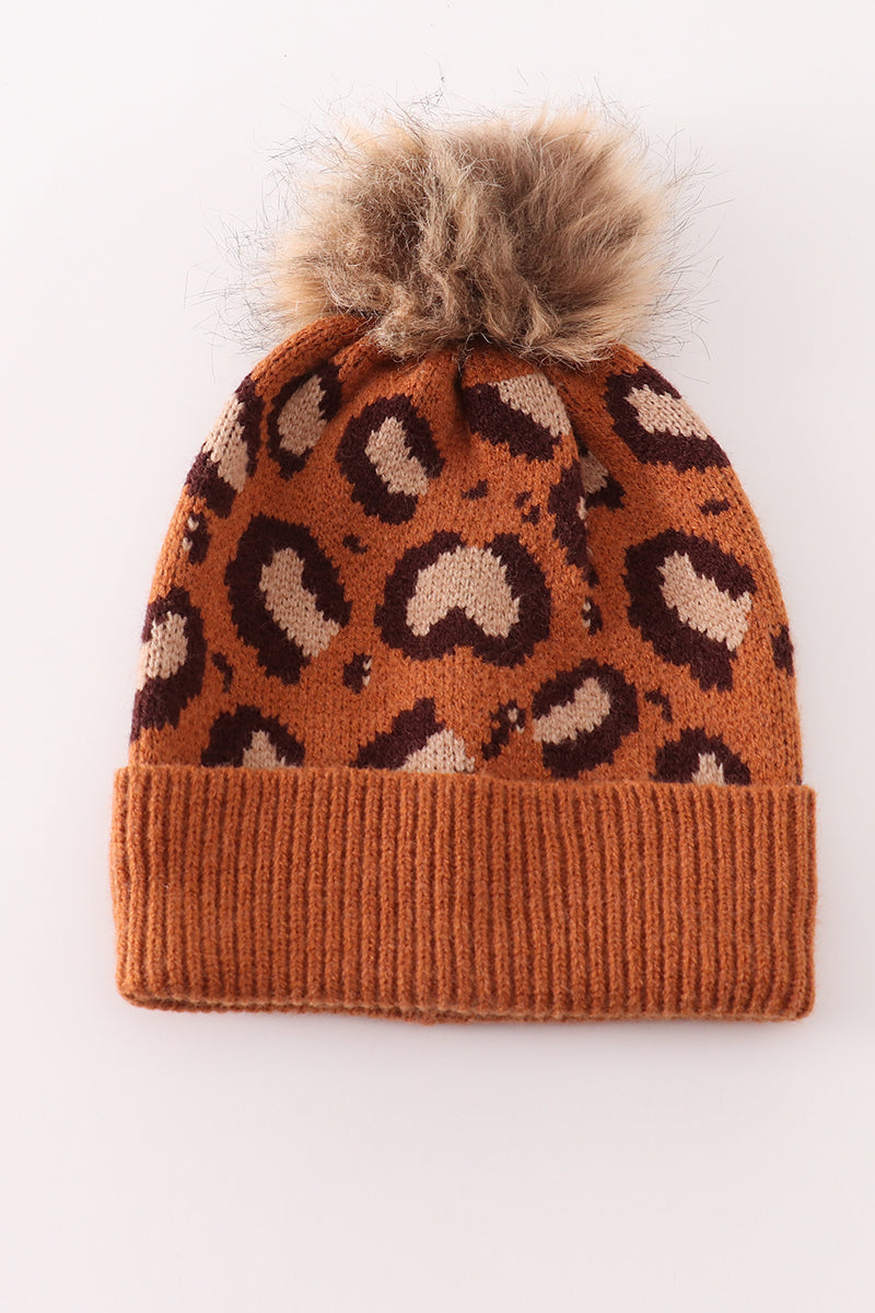 Brown pompom leopard cable beanie hat - 3