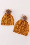 Mustard pompom cable beanie hat - 1