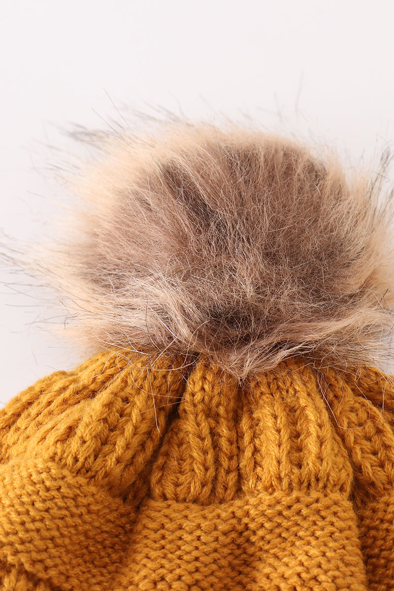 Mustard pompom cable beanie hat - 4