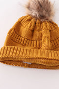 Mustard pompom cable beanie hat - 6